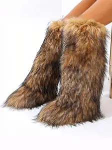 Women's Faux Fur Knee-High Boots, Fuzzy Fluffy Round Toe Design, Warm Winter Footwear for Outdoor & Indoor Use, Casual Warm Boots