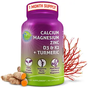 Plant-Based Calcium 500mg (Aquamin) – Vegan Calcium Magnesium Zinc D3 with Vitamin K2 & Organic Turmeric – Enhanced Bone and Muscle Health & Strength, Immune Support for Women & Men - 90 Count
