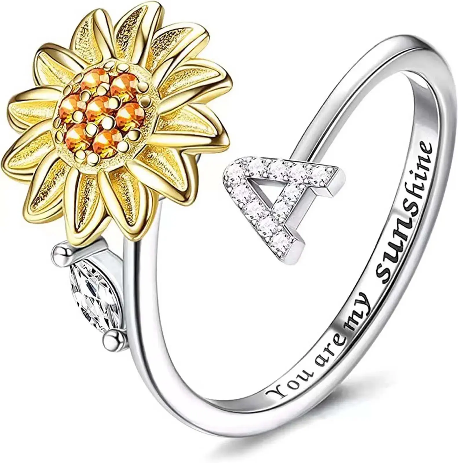"You Are My Sunshine" Sunflower Spinner Ring Personalized 26 letter Initial Jewelry Gift