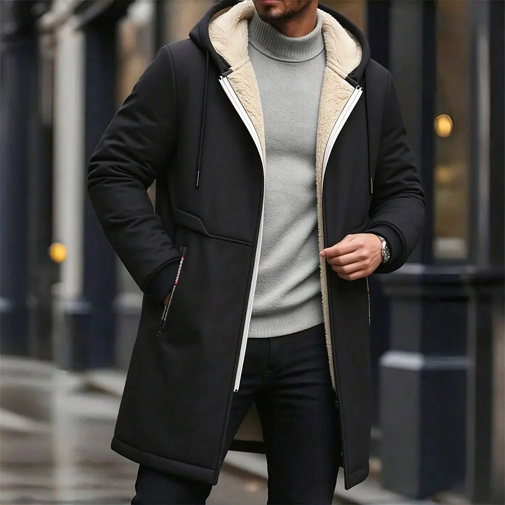 Men’s long hooded coat with faux shearling lining, thick and warm winter outerwear featuring a full zip design and ribbed cuffs, casual street-style long winter jacket suitable for everyday wear and commuting.
