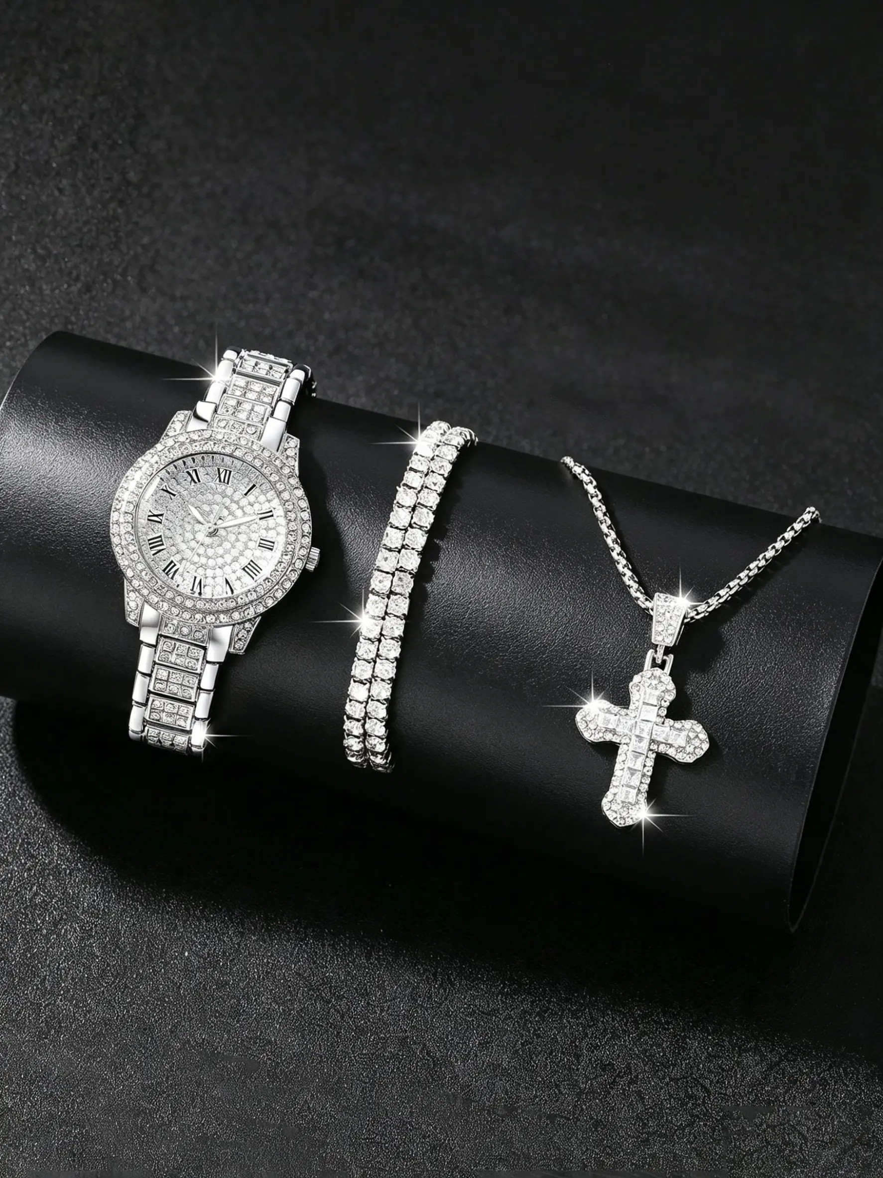 Women's Full Diamond Watch Set, Jewelry Watch Set, Roman Numerals Quartz Watch + Bracelet + Cross Necklace, Hip Hop Style Three-Piece Accessory Set, Trendy and Versatile, Accessories Set