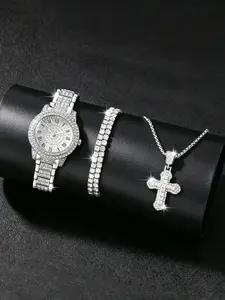 Women's Full Diamond Watch Set, Jewelry Watch Set, Roman Numerals Quartz Watch + Bracelet + Cross Necklace, Hip Hop Style Three-Piece Accessory Set, Trendy and Versatile, Accessories Set
