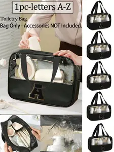 This new square-shaped solid-color PU & PVC leather bag, High quality bag, features a black towel embroidered with the letters A-Z, a waterproof zipper closure, and a handle. It's suitable for students returning to school, or for travel.