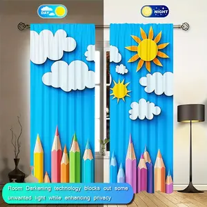 2 pcs Creative Pens and Sun & Sky Print Curtains - Blue Polyester, Easy Hang Rod Pocket Design, Perfect for Kids' Room, Living Room, Office - Colorful Educational Theme with Cloud and Sun Patterns, Ideal for Living Room Curtains