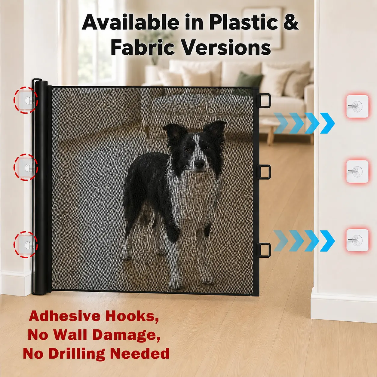 Retractable Pet Gate for Dogs & Cats, No-Drill Reinforced Fabric Mesh Barrier, Portable Indoor/Outdoor Safety Gate for Doorways, Stairs and Living Rooms
