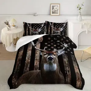 3pcs Modern Fashion Comforter Set - Vintage Hunting Forest Deer & American Flag Print | 1 Comforter + 2 Pillowcases (Without Core) | Soft, Skin-Friendly Bedding for Bedroom & Guest Room