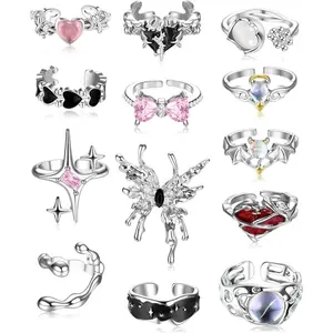 CASSIECA 13-Piece Unisex Stackable Combo Set Rings, Gothic Chunky Adjustable Open Band Witchcraft Rings with Moonstone, Butterfly, Star, Pink Heart Accents, Colorful Fashion Chunky Pink Witchy Jewelry for Everyday Wear