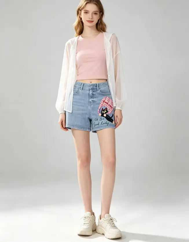 Plaid Bag Black Cat Aesthetic Denim Shorts, DGT Direct To Garment Print, Unisex Soft Girl Casual Summer Shorts