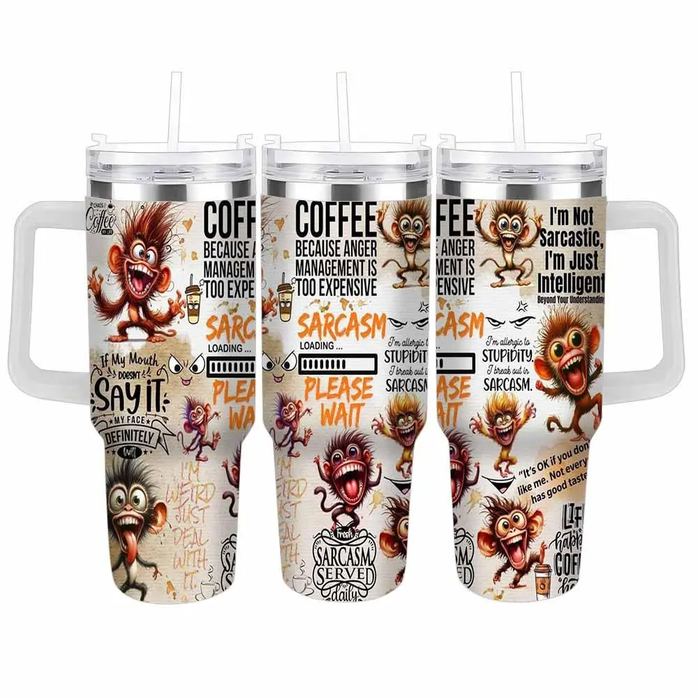 Funny Monkey Insulated Vacuum Flask Tumbler (20oz/30oz/40oz) - Portable Drinkware with Lid, Sarcasm Themed ("Sarcasm Served Daily, Life Happens Coffee Helps, I'm Not Sarcastic I'm Just Intelligent") for Daily Commute, Coffee Lovers Gift