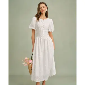 Rihoas Women's Casual Floral Short-Waisted Midi Dress - White Round Neck Cap-Sleeve 1-Piece, Polyester-Cotton Fabric, Beach Lady's Women's Clothes