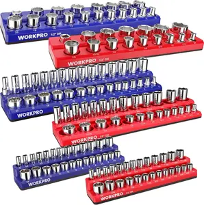 WORKPRO Magnetic Socket Organizer Set, 6-Piece Socket Holder Set Includes 1/4", 3/8", 1/2" Drive Metric SAE Socket Trays, Holds 143 Pieces Standard Size and Deep Size Sockets(Socket not Included)