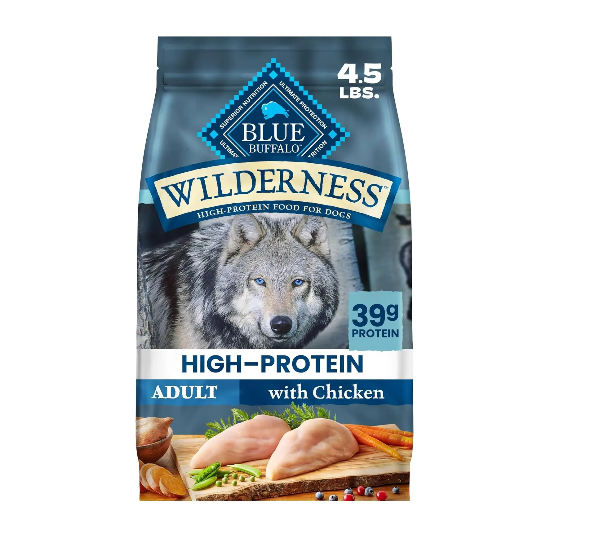 Blue Buffalo Wilderness Chicken Adult Dry Dog Food with Wholesome Grains + Antioxidant-Rich Fruits & Veggies, 39g Protein, Vibrant Energy for an Active Life, Made with Natural Ingredients, 4.5 lbs.v