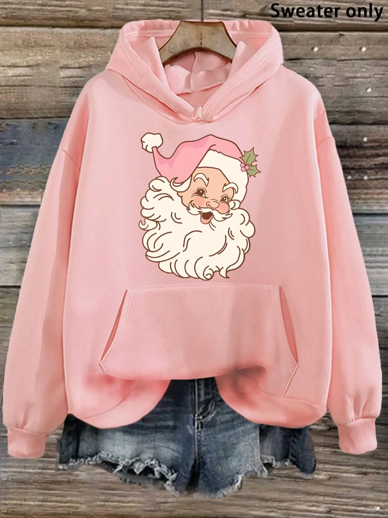 Santa Drawstring Hoodie, Soft & Cozy Christmas Design, Hat Detail, Perfect Holiday Choice, Casual Fall Winter Wear