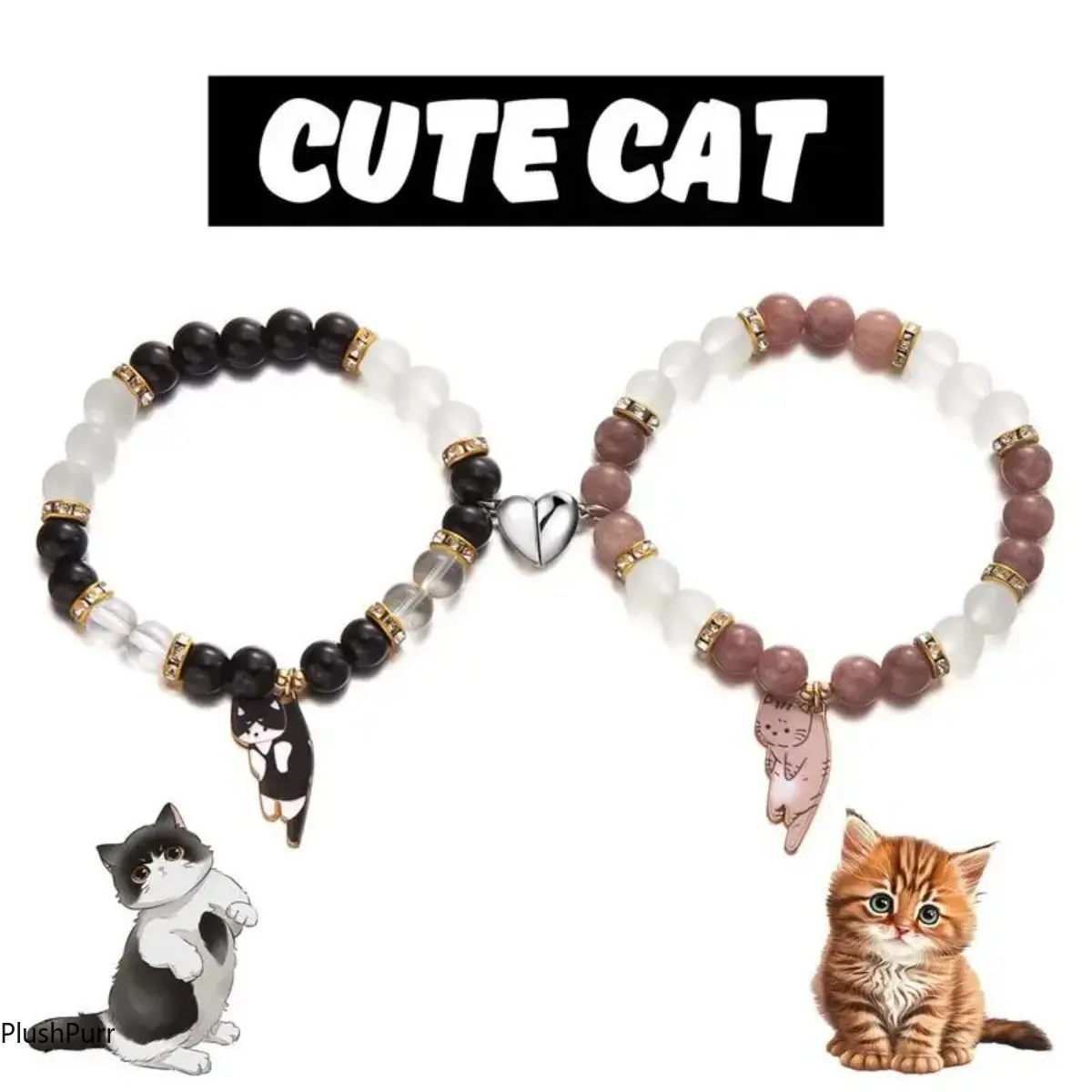 Cute Jewelry Magnetic Couples Braided Rope Bracelets Set - 2-Piece Lovers’ Set with Cat Heart Pendants, Romantic Wedding Gift for Him and Her (DIY Bag Accessory), 2 Piece Sets tiktokshopbacktoschool