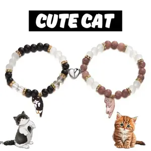 2 Pcs Magnetic Couple Bracelets Heart-Shaped Matching Cat Kitten Pendant Bracelets Women Men Lover Wedding Jewelry Romantic Attraction