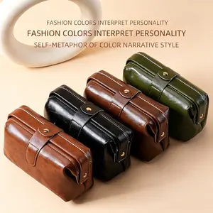 Large-Capacity Plain PU Leather Travel Pouch - Light Luxury Waterproof Makeup Bag, Genuine Soft Leather Storage, Vintage Color Scheme, Slim Business Travel Padfolio, Mini Portable Set