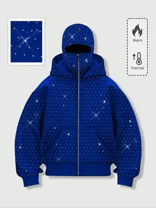 Men's Street Style Rhinestone HooMen's Street Style Rhinestone Hooded Sweatshirt, Pocket and Zip Design, Fall & Winter Wear, Geometric Pattern, Fitted Fitded Sweatshirt, Pocket and Zip Design, Fall & Winter Wear, Geometric Pattern, Fitted Fit