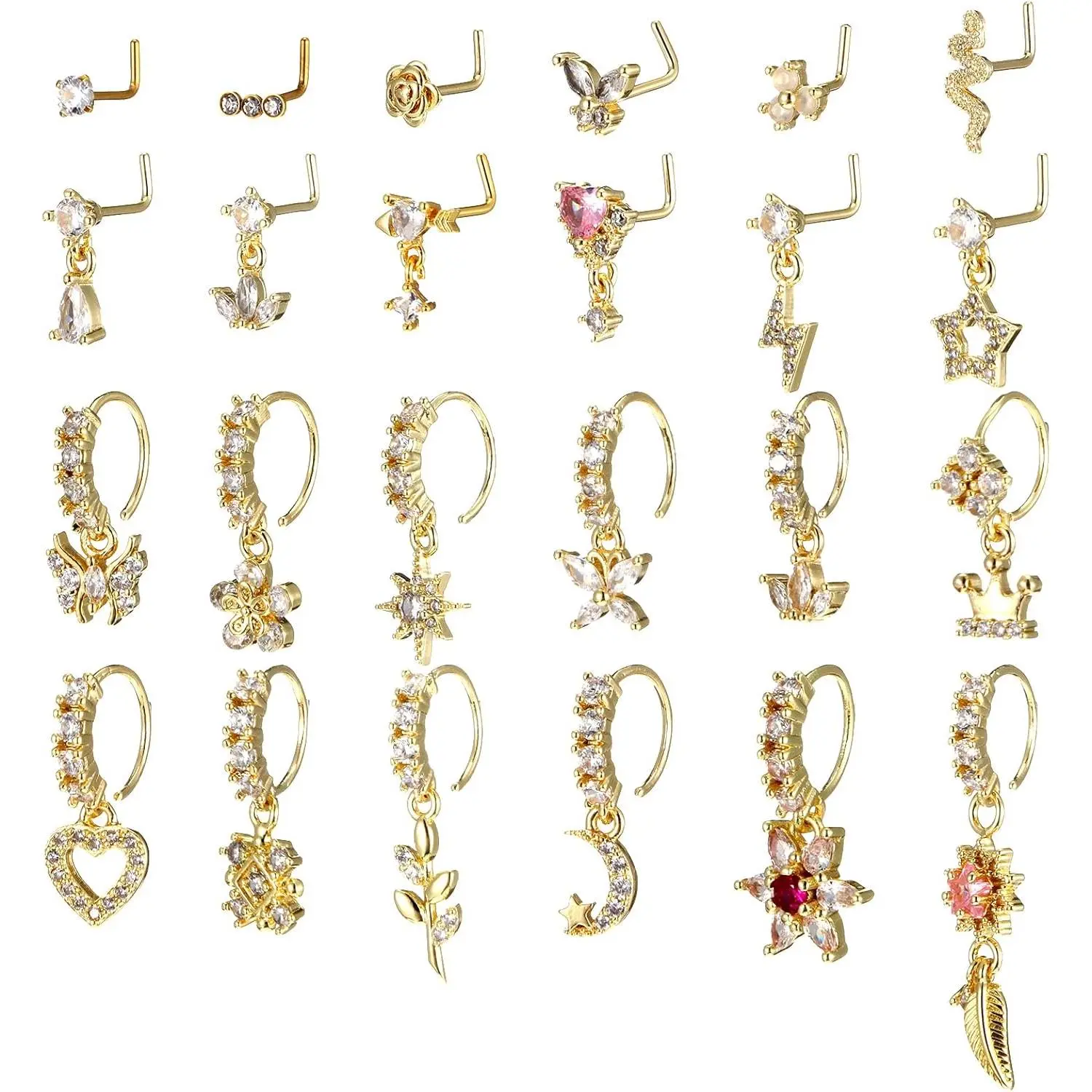 24 count Dangle Nose Rings Hoop for Women L Shaped Dangling Nose Stud 20G Dangle