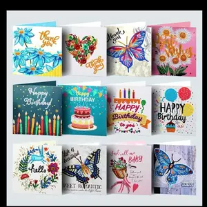 12pcs DIY Diamond Painted Greeting Card Birthday Flower Bird Thanksgiving Handmade Diamond Painted Card Set