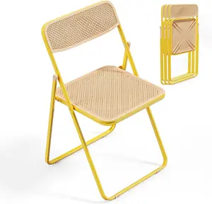 VINGLI Folding Chair Modern Iron Frame Accent with Woven Texture Panel, Space-Saving Design for Party Wedding Event Office Commercial Stadium Camping Dinong, Black/White/Yellow/Brown (4 Pack)