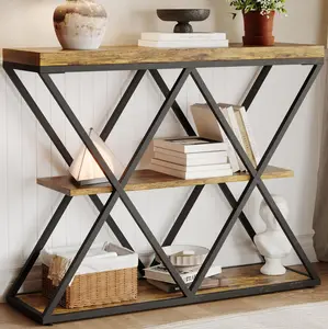 Garvee 3-Tier Entryway Table, Industrial Sofa Console with Storage, Decorative Open Shelf Table, Metal X-Frame, Hallway and Foyer Accent Furniture