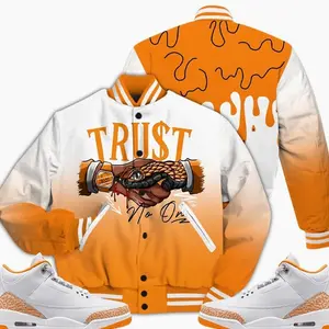 3 White Orange Peel Varsity Jacket, Orange Citrus 3s Outfit Snake Trust No One Shirts To Match Sneaker Streetwear
