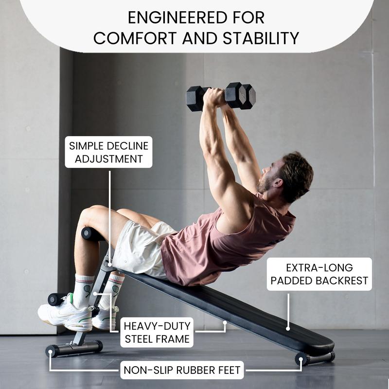 Finer Form Gym-Quality Adjustable Sit Up Ab Bench & Decline Weight Bench for Home Gym Strength Training. Supports 660lbs. Extended Backrest for Support. Great for Decline Bench Press & Core Workouts