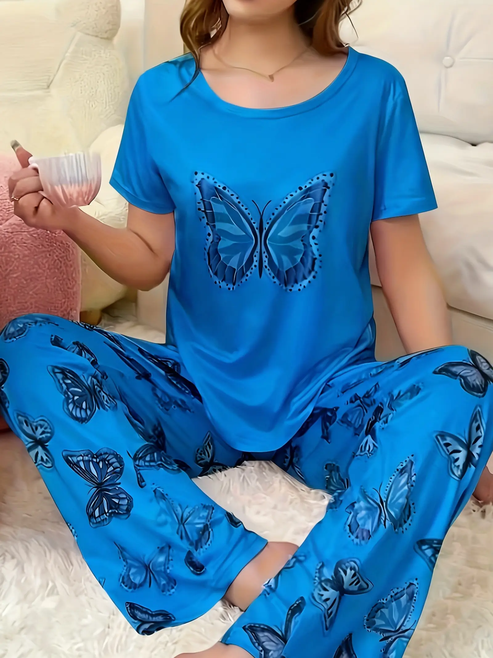 Women Blue Butterfly Print Pajama Set, Round Neck Short Sleeve Graphic Tee & Full Print Long Pants, Soft Lightweight Summer Loungewear, Casual Stretch Cozy Sleepwear Outfit, Cute Ladies Daily Home Pjs For Relaxing Wear