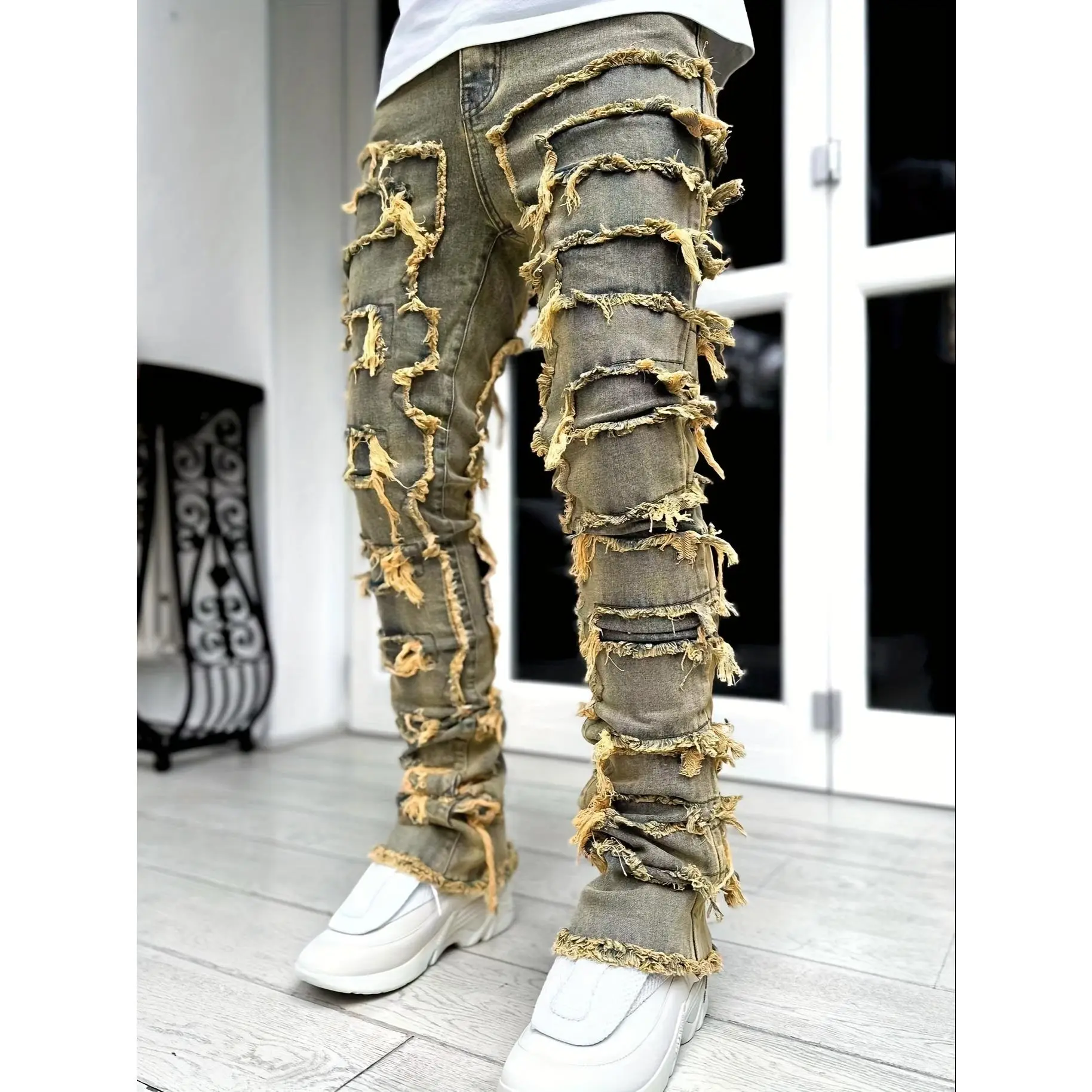[Distressed Pink Jeans] Pink Distressed Men's Straight-Leg Jeans - Stretch Cotton Blend Casual Street Style Denim with Frayed Tassel Details for All Seasons
