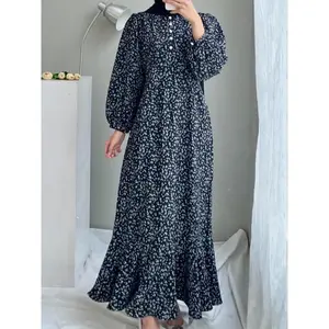 Women's Ditsy Floral Print Button Front Ruffle Hem A Line Arabian Dress, Casual Bishop Sleeve Long Sleeve Long Dress for Fall & Winter, Women's Islamic Clothing for Daily Wear
