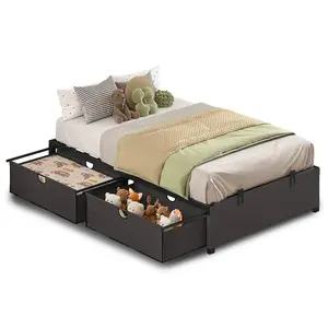 Twin Size Oxford Fabric Bed Frame with 2 Drawers Dark Grey
