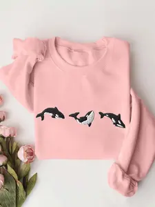 Women's Orca Whale Print Crew Neck Sweatshirt, Casual Long Sleeve Pullover for Fall & Winter, Women's Clothes for Daily Wear