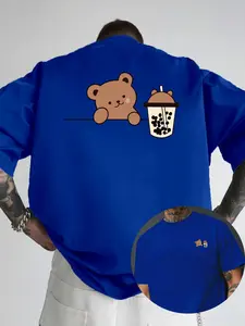 Men's Round Neck Short Sleeve T-Shirt, Cute Bear Pearl Milk Tea Cartoon Print, Casual Sporty Breathable Loose Fit, Spring Summer Fashion