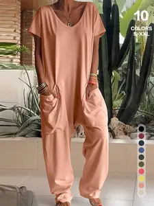Women's Casual Bestselling Romper, Minimalist Simple Solid Color, Loose Fit, V Neck, Large Pockets, Comfortable Home Wear, Can Be Worn Outdoors
