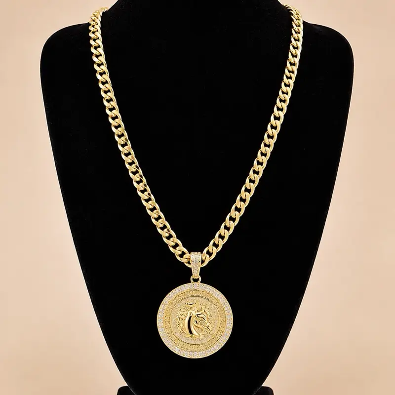 14K Gold Laminated Cuban Link Horse Medallion Necklace