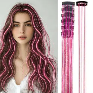 Hair Tinsel Clip in, 20 Inch Glitter Tinsel Hair Extensions, Shiny Sparkling Fairy Hair Tinsel Clips,glossy hair bundles burgundy wig Dazzling Party Pink Hair Accessories for Girls Women Kids (rose red)
