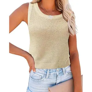 Womens Summer Knit Sweater Tank Tops Round Neck Crochet Hollow Out Sleeveless Casual Crop Shirt