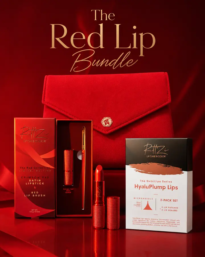 RITTZI The Red Lip Bundle - Satin Red Lipstick + Red Lip Brush + HyaluPlump Lips 2PK + Red Envelope Cosmetic Bag