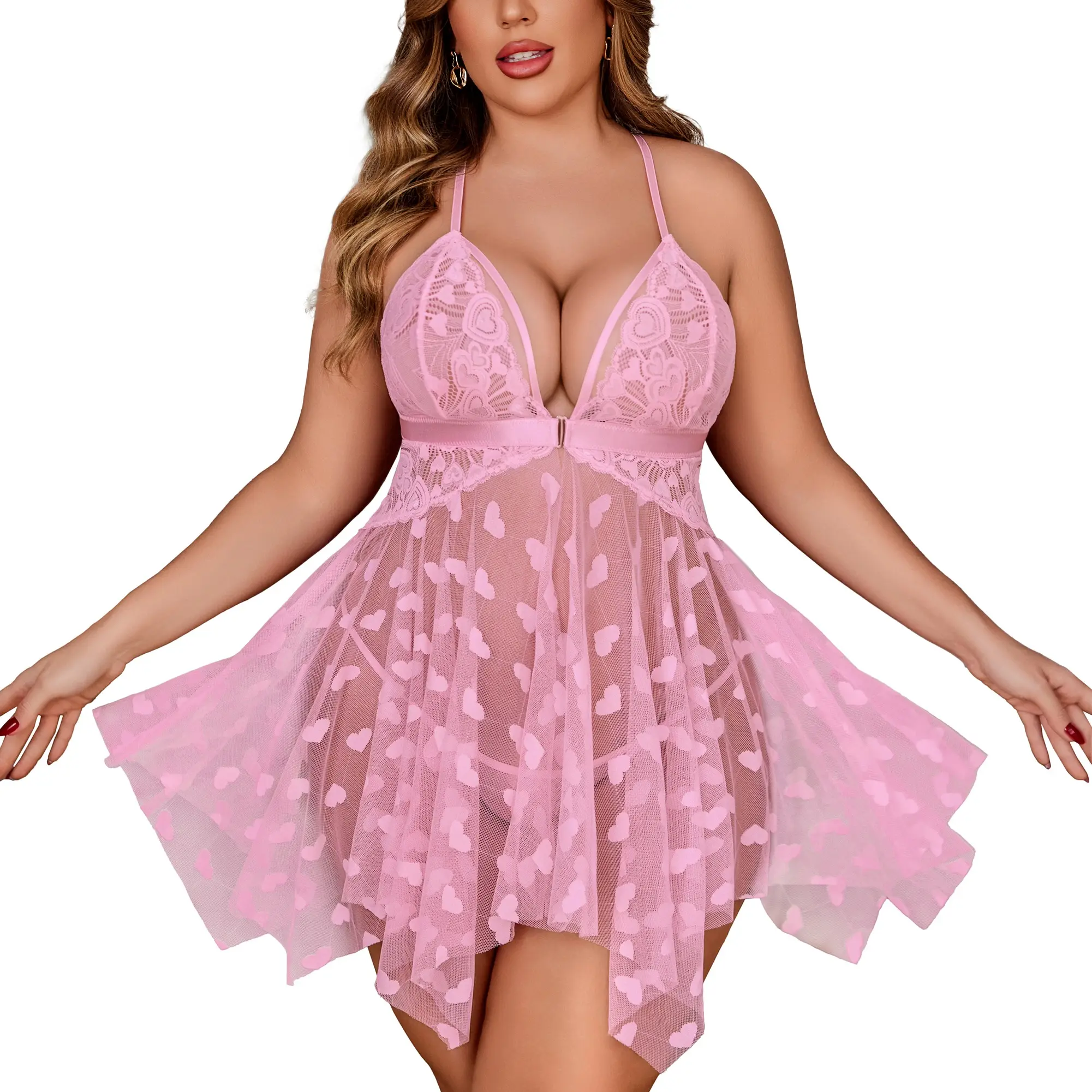Avidlove Plus Size Lingerie Lace Womens Chemise V Neck Nighty Mesh Sleepwear Front Slit Nightdress
