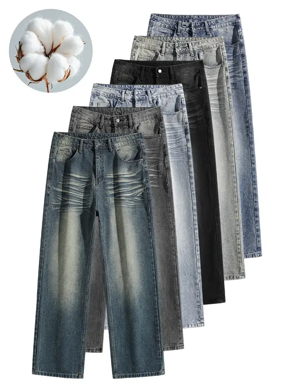 Men Vintage Distressed Washed Baggy Wide Leg Jeans, Y2K Streetwear Loose Cat Whisker Denim Pants, Non-Fade Soft Cotton Denim Trousers Multiple Colors