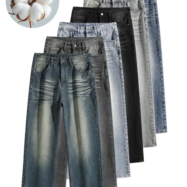 Men's Oversized Vintage Distressed Washed Baggy Wide-Leg Long Jeans - Menswear, Classic, Plain, Matching Pockets, 2000s Aesthetic, Soft Non-Fade Natural Cotton Denim, Zipper-Equipped, Multi-Color Trousers with Cat Whisker Detail