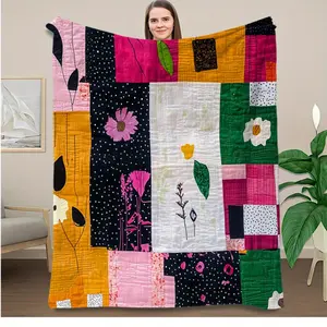 1pc Vibrant Floral Patchwork Quilt - Cozy & Soft Flannel Blanket with Modern Patchwork Design, Perfect for Sofa, Bed, Office, Car, Camping & Home Decor - Versatile All-Season Gift, Lightweight & Warm