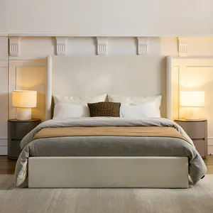 Carmen Upholstered Wingback Bed King Size 52.3" High Headboard Minimalist Style No Box Spring Needed Easy Assembly Textured Ivory Canvas Chenille Fabric Noise-Free