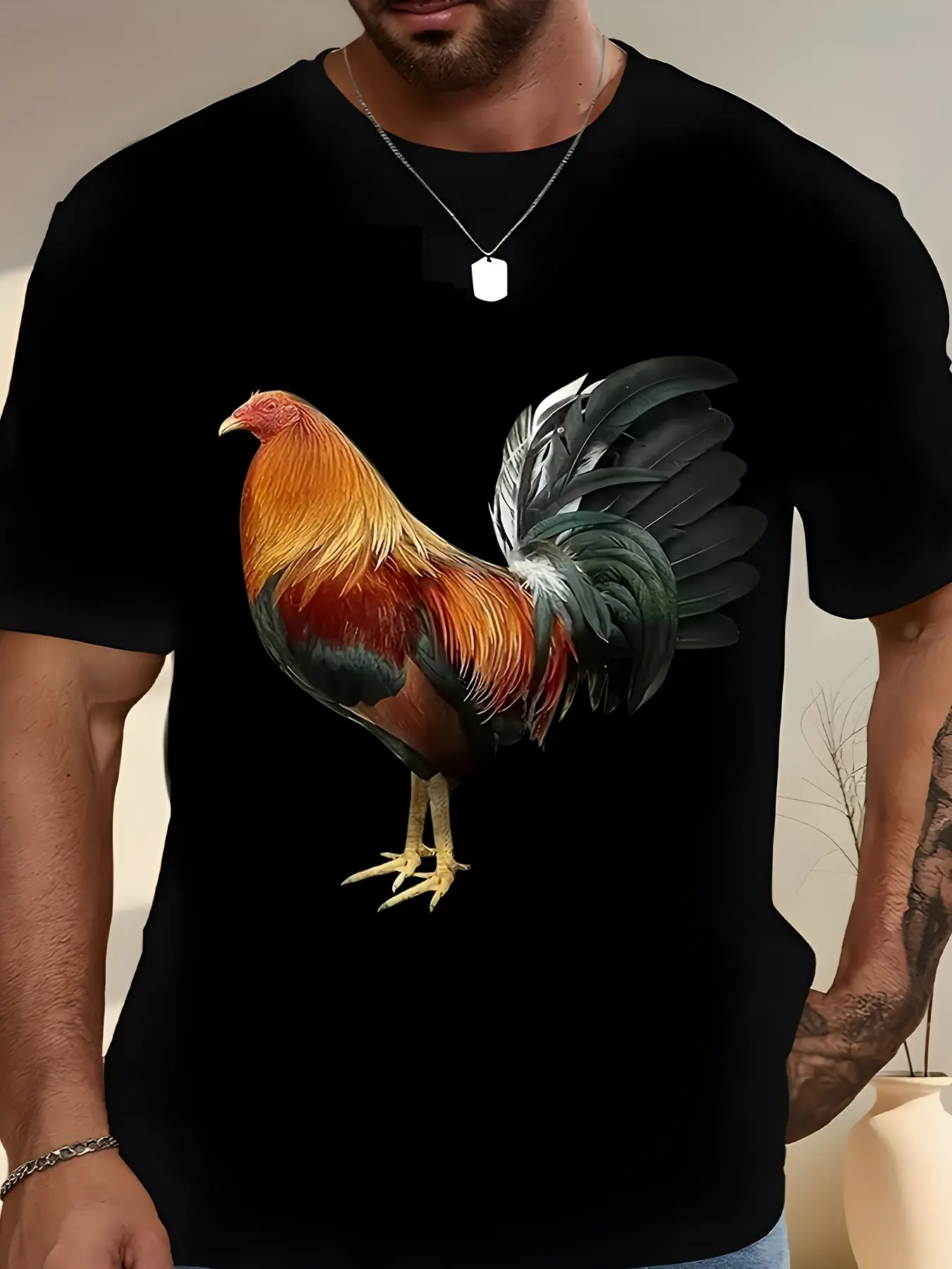 Men's Short Sleeved T Shirt Black Short Sleeved T Shirt with Big Rooster Pattern Print Casual Round Neck Regular Style T Shirt Comfortable Fabric for All Seasons Suitable for Daily WeInteresting Graphic T-shirt Series Men's Round Neck Short Sleeved