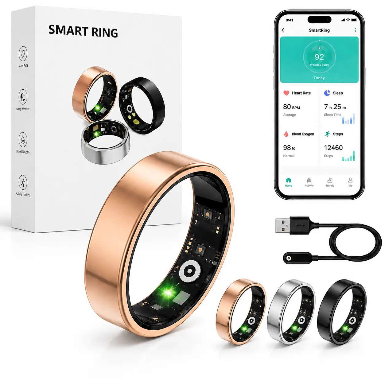 2027 Smart Ring for Women Men, Fitness Ring with Free App (No Subscription Fee), Family Care, Activity Tracker, Remote Camera Control, IP68 Waterproof Ring Compatible with Android/iOS - Sizes 7-13