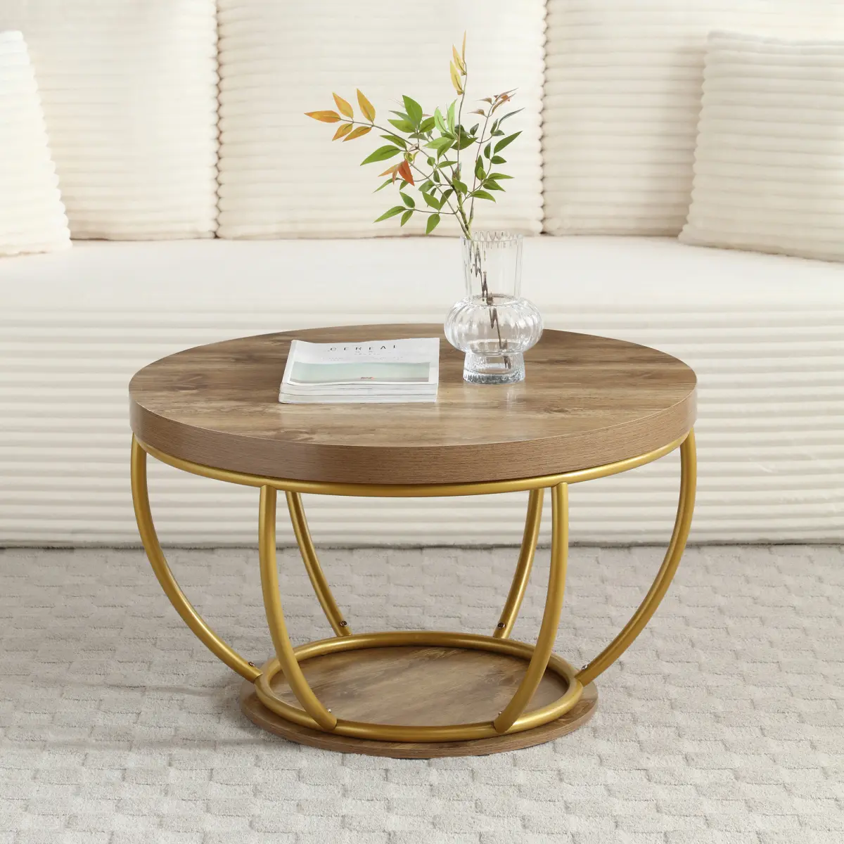 31" Round Industrial Coffee Table with 2-Tier Storage Shelves, Modern Wood & Golden Metal Accent Center Table for Living Room, Home Office – Easy Assembly