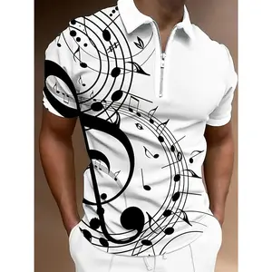 Essential casual short-sleeve shirt for men, trendy zip-up shirt for men, music-themed men's shirt, white base with dynamic musical notes around, zipper detail