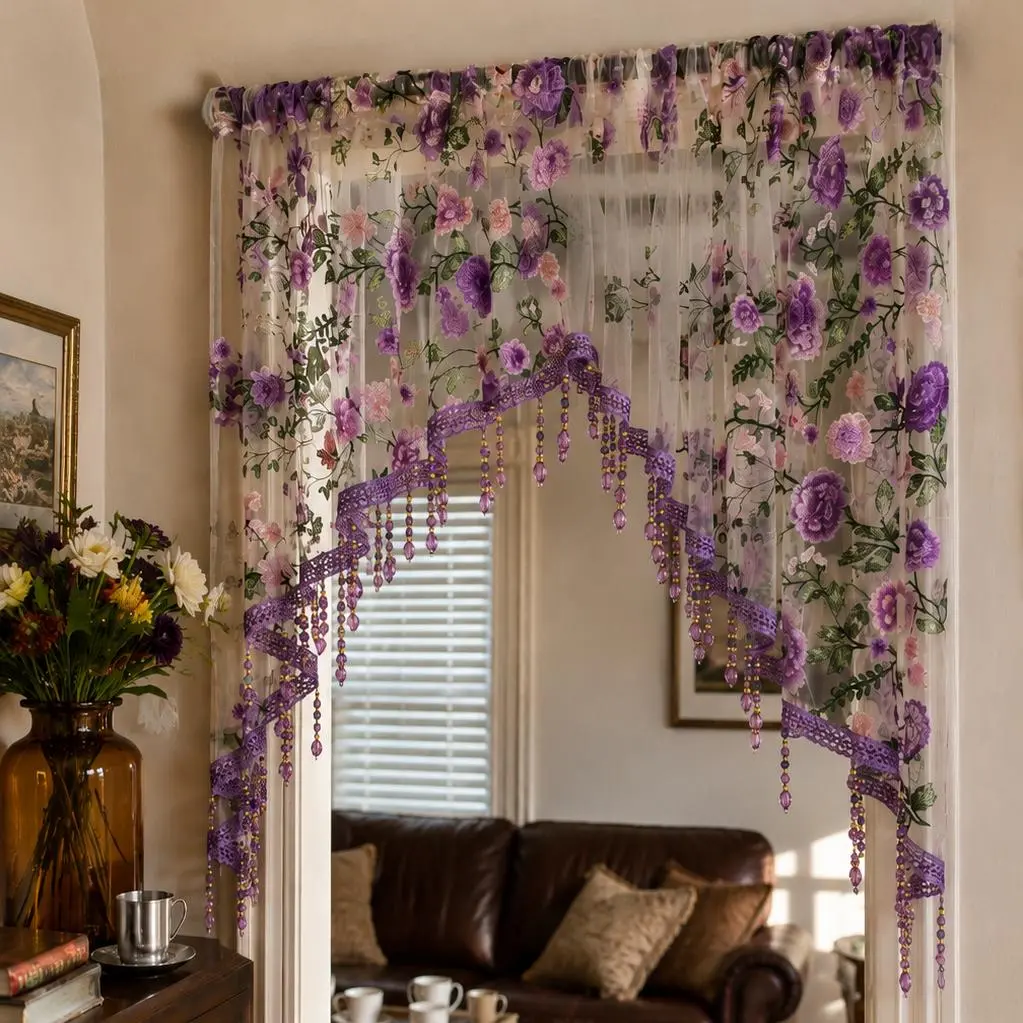 Floral Lace Short Curtains | Fairy-Style Beaded Fringe Door Curtains and Room Divider Curtains—Perfect for weddings, birthday parties, Halloween, and Christmas decorations, these are must-have items for rental homes, apartments, and home decor.