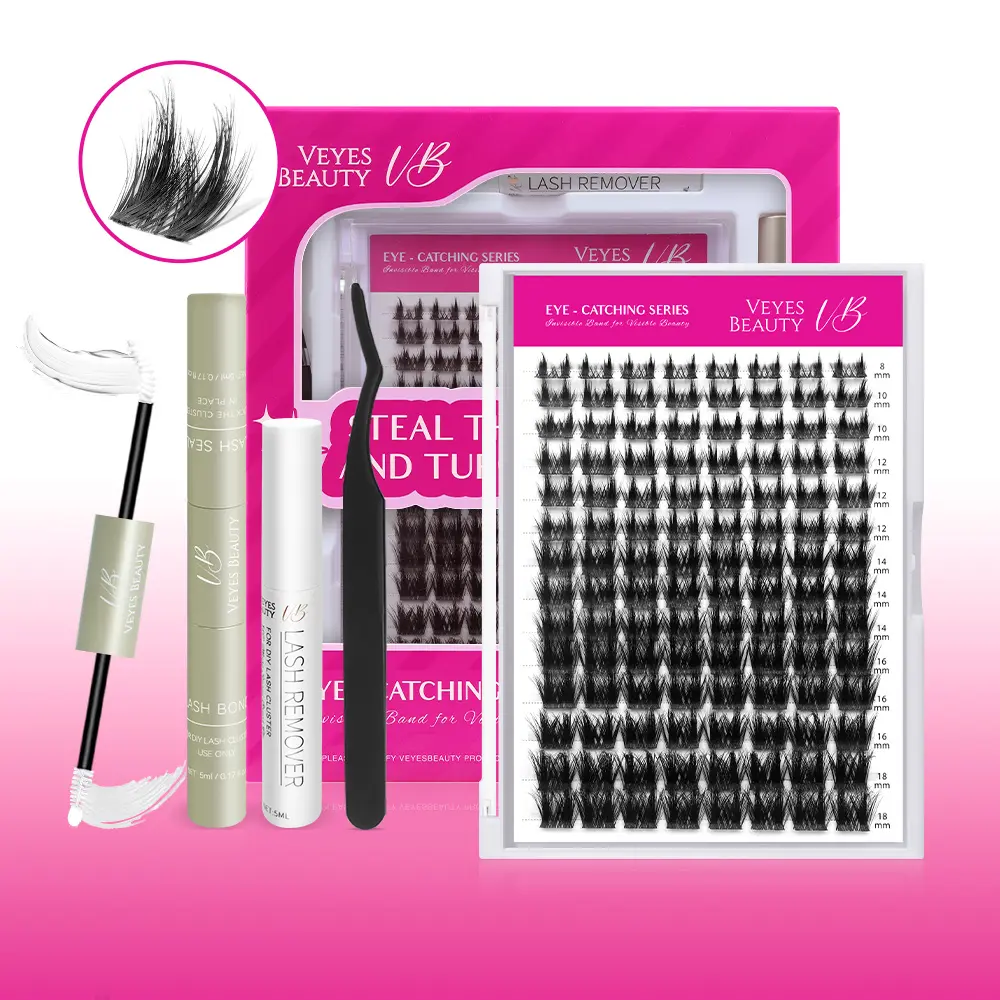VEYESBEAUTY VB-Wheat Cluster Lashes Invisible Lash Line Effect Ultra-thin Extremely Fine Invisible Band False Eyelash Wispy Faux Mink Lash Mixed Length DIY Eyelash Extension for Self Makeup Cosmetic Application at Home