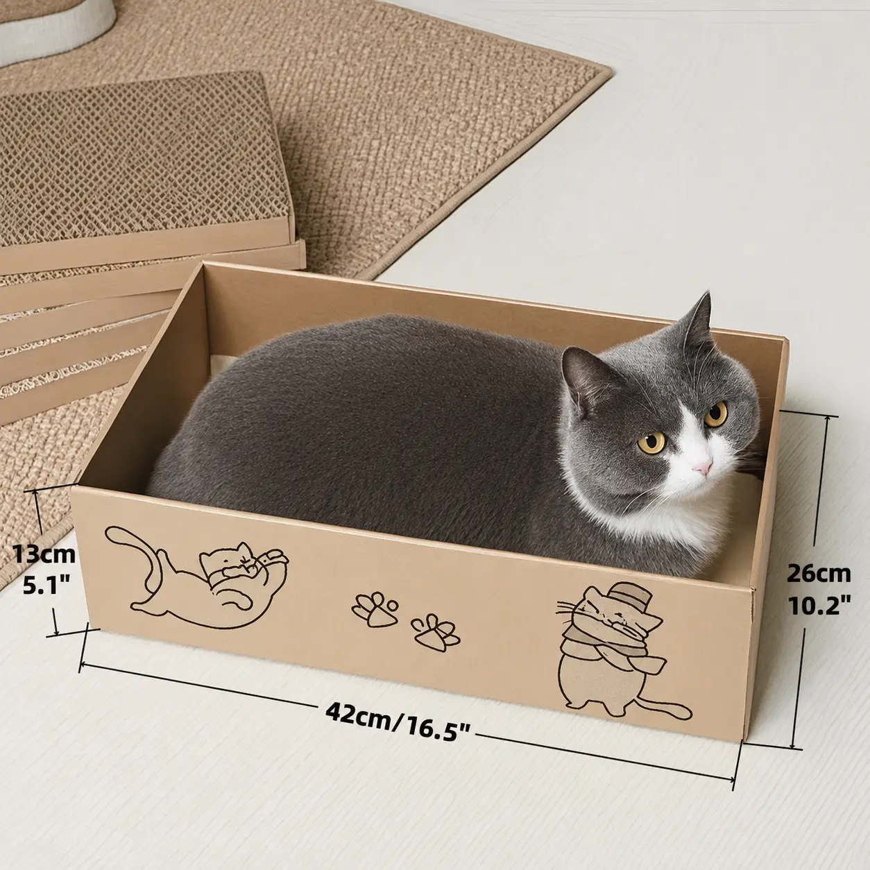 2-in-1 Cardboard Cat House & Scratcher, Durable Corrugated Cat Bed and Lounge, Multifunctional Indoor Cat Scratching Toy for Resting, Scratching & Self-Play